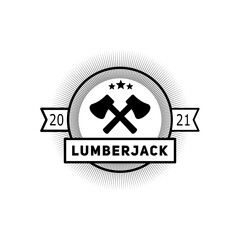 Lumberjack logo with two axes, line logo type. in black and white style.