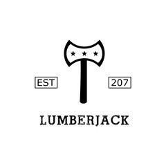 Lumberjack logo with two axes, line logo type. in black and white style.