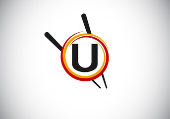 Initial U monogram alphabet in the abstract circle with Chopstick. Abstract Asian sushi bar emblem. Logo for Japanese sushi seafood business and company identity