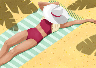 Kobieta opalająca się nad morzem. Widok z góry szczupłej blond dziewczyny w czerwonym bikini i kapeluszu leżącej na ręczniku w paski na plaży. Sportowa sylwetka. Letnia wakacyjna ilustracja. - obrazy, fototapety, plakaty
