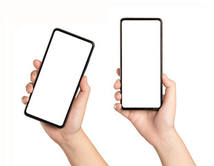  Woman hand holding a mobile phone with white screen isolated on white background.