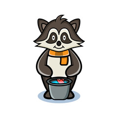 cartoon animal cute raccoon with fish bucket