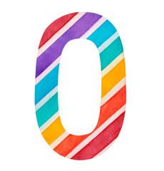 Watercolor illustration of colourful number 0, decorated with rainbow stripes. Hand painted watercolour graphic drawing on white background, cut out clip art element for design, print, birthday card.