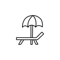 sunbed and umbrella icon in flat black line style, isolated on white background 
