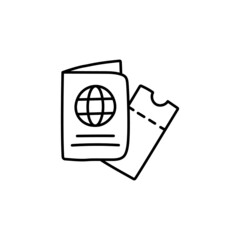 Passport and travel ticket vacation icon in flat black line style, isolated on white background 