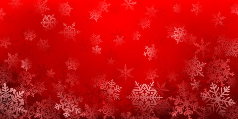 Background of complex Christmas snowflakes in red colors. Winter illustration with falling snow