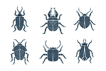 Geometric Retro Bugs Vector Set. Black Abstract Beetles. Vintage Insects Collection