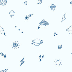 Seamless Pattern with Sun, Rain Clouds, Lightning, Planet Saturn and Stars. Space Sky Background. Weather Elements. Vector illustration  © AllNikArt
