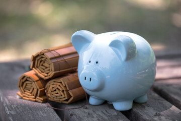 Bamboo slips and piggy bank on a stool outdoors