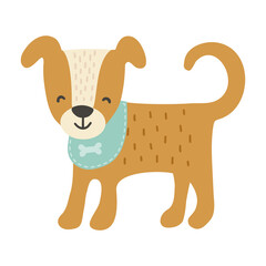 Dog with bone. Adorable puppy in bib. Hand drawn illustration. Vector