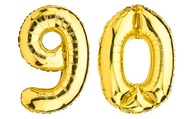 Number Ninety 90 balloons. Helium balloon. 90% off. Golden Yellow foil color. Birthday Party,...