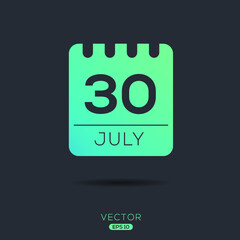 Creative calendar page with single day (30 July), Vector illustration.