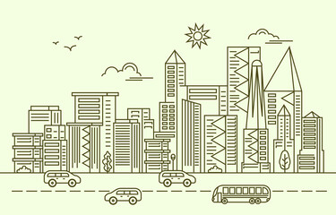 Traffic Modern City Skyscraper Building Cityscape Skyline Line Illustration