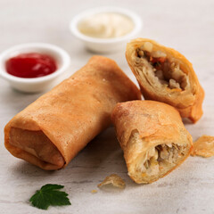 Close Up Homemade Fried Lumpia Traditional Indonesian Snack, Comfort Street Food  . Served on Chinese New Year (Imlek) Family Dinner