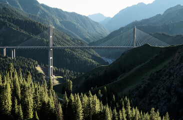 The bridge between the mountains. Guozigou Bridge in Xinjiang, China.