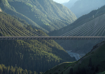 The bridge between the mountains. Guozigou Bridge in Xinjiang, China.
