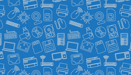 Fototapeta na wymiar Seamless pattern with computer Hardware icons on blue background.