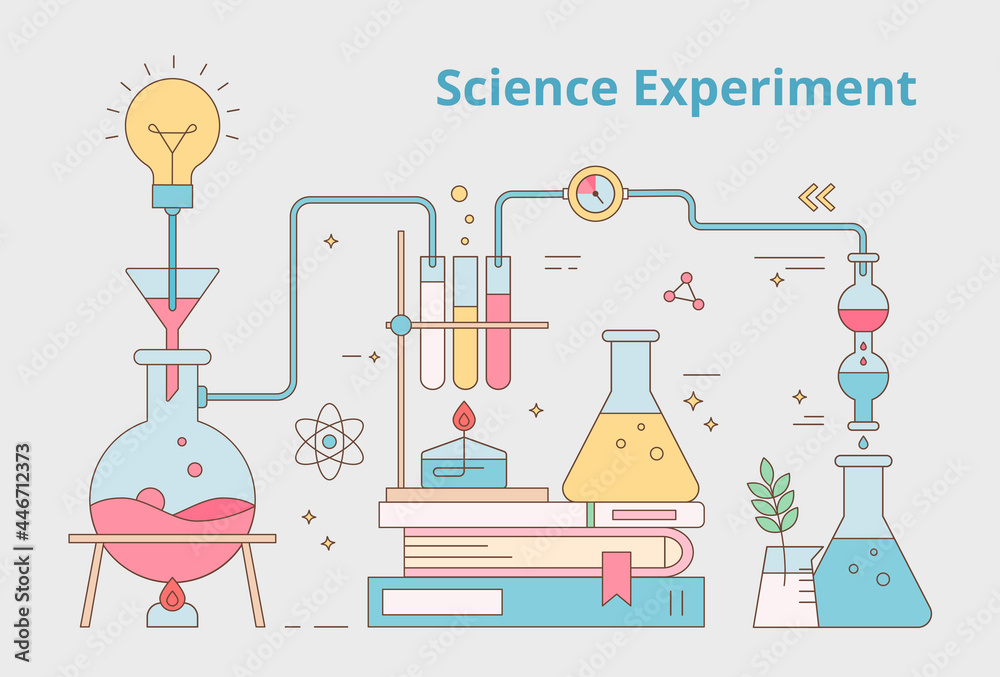 Wall mural chemical laboratory flasks are connected and stacked with books. outline simple flat design banner i