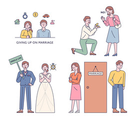 A collection of married and unmarried characters. outline simple vector illustration.