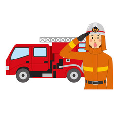 敬礼する消防士と消防車