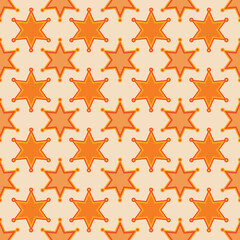 Western star seamless vector pattern. Yellow and orange Sheriff badge 6 point star graphic, repeating design. Wild west, rodeo, country, vintage, cowboy, cowgirl theme background texture art print.