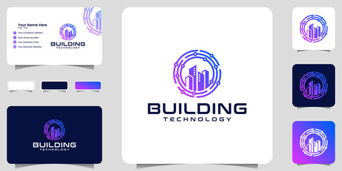 building logo and technology circle data design template and business card
