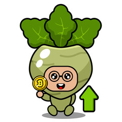 vector cartoon character cute kohlrabi vegetable mascot holding bitcoin with up arrow