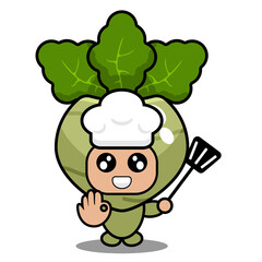 vector cartoon character vegetable mascot cute kohlrabi chef holding a spatula