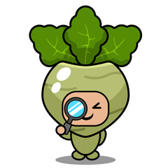 cute kohlrabi mascot vegetable cartoon character vector using a magnifying glass