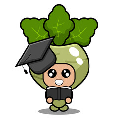 cute kohlrabi mascot vegetable cartoon character vector wearing graduation hat and holding book