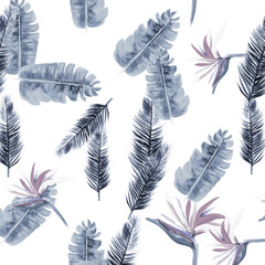 Gray Pattern Hibiscus. White Tropical Illustration. Indigo Floral Leaf. Azure Flora Palm. Blue Decoration Vintage. Navy Wallpaper Plant. Cobalt Spring Nature.