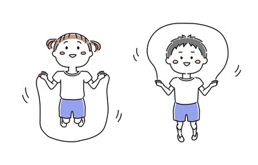 体操服を着てなわとびをする男の子と女の子