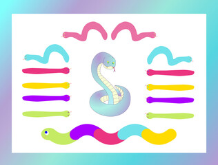 Vector set of different isolated snakes in different colors. Fun illustrations for children's websites and illustrations, etc. Clipart