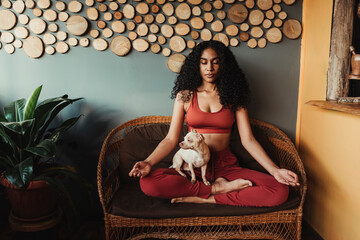 Mujer haciendo Yoga y buscando relajarse en el interior de una casa con un perro chihuahua en sus...