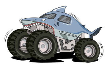 shark monster truck vector - obrazy, fototapety, plakaty