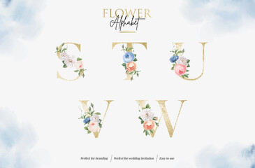 set watercolor floral alphabet with golden letter