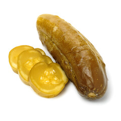Marinated pickled cucumbers on white background