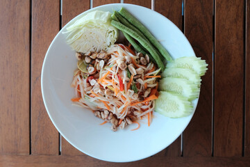 Thai papaya salad from the top view.