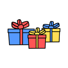 Gift box pile with ribbons and bows colored doodle vector isolated object on white background. Birthday or Christmas holiday present. Celebration. Greetings card design element. Gift shop logo icon. 