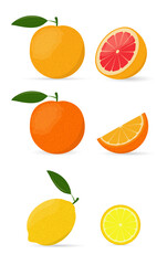 Citrus fruits set. Orange, grapefruit and lemon. Fruit cutaway. Vector illustration.