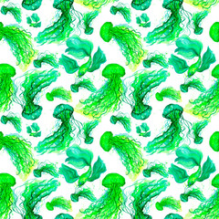 Watercolor corals. Seamless pattern with the underwater world sea animals.Paper Watercolor Blue Pattern.Splashy Seashell,Jellyfish,Fairy mermaids.