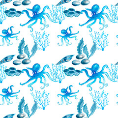 Watercolor corals. Seamless pattern with the underwater world sea animals.Paper Watercolor Blue Pattern.Splashy Seashell,Jellyfish,Fairy mermaids.