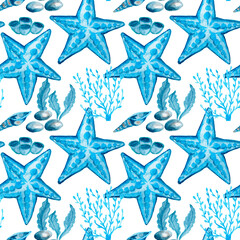 Watercolor corals. Seamless pattern with the underwater world sea animals.Paper Watercolor Blue Pattern.Splashy Seashell,Jellyfish,Fairy mermaids.