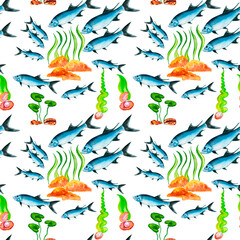 Fototapeta na wymiar Watercolor corals. Seamless pattern with the underwater world sea animals.Paper Watercolor Blue Pattern.Splashy Seashell,Jellyfish,Fairy mermaids.