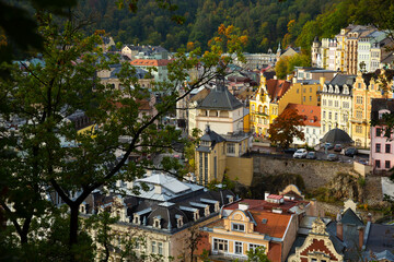 Aerial cityscape of Czech town Karlovy Vary