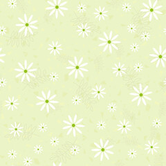Chamomile pattern. Seamless background with white daisies on green. Pattern for textiles, fabrics, bed linen, wallpaper. Decorative print for design with chamomile and daisies. Vector illustration