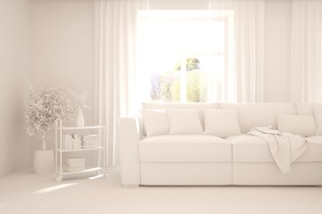 Mock up of stylish room in white color with sofa. Scandinavian interior design. 3D illustration