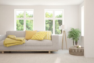 White living room with sofa and summer landscape in window. Scandinavian interior design. 3D illustration
