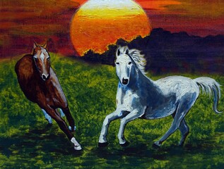 Obraz na płótnie Canvas Oil painting of running horses, the view of the morning sunrise and the mountains
