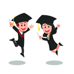 happy little kids jumping together while wearing graduation gowns